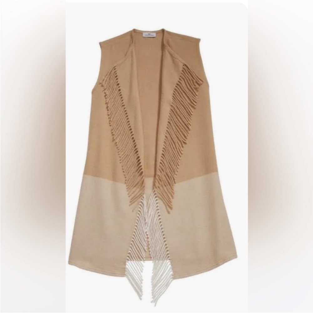 Vineyard Vines Fringed Two-Tone Sleeveless Vest in Beige & Cream, Wool